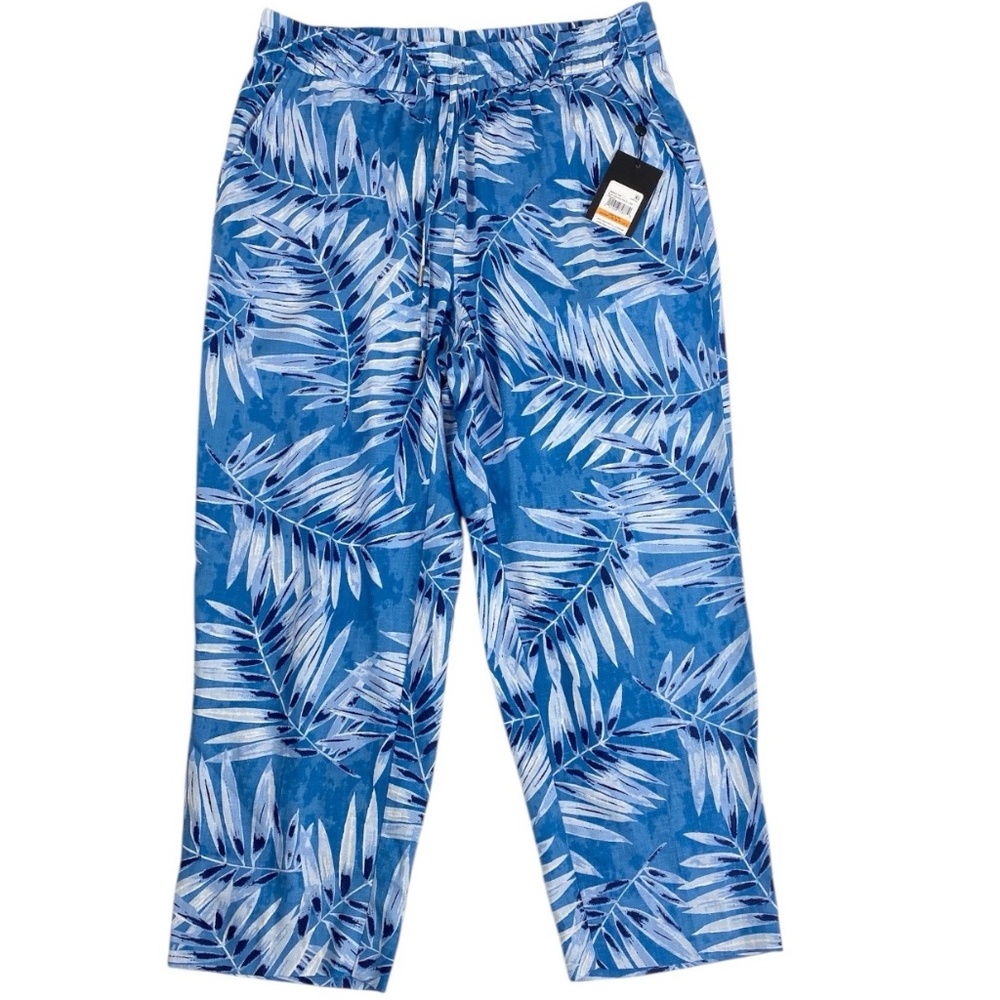 Jones New York Petite Cropped Linen Blend Pants Leaf Print Drawstring PS